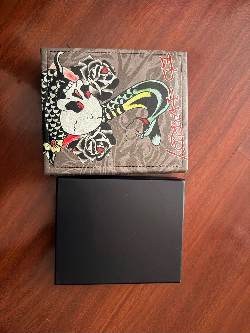 Ed Hardy Black Men's Leather Card & Key Holder with Silver Logo